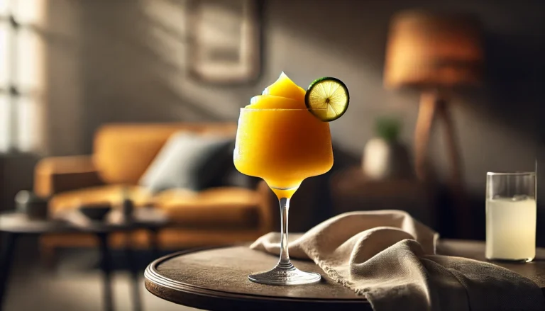 Fryst Mango Margarita cocktail med mango skiva.