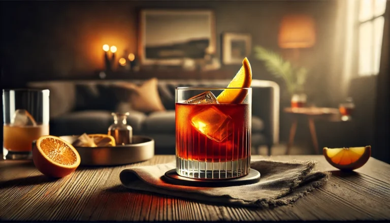 Mezcal Negroni cocktail i et lowball-glas uden flasker.