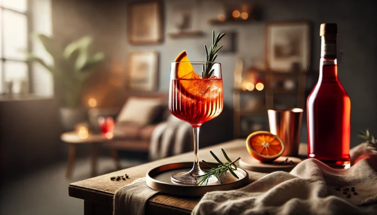 Campari Tonic cocktail in a highball glass with orange and rosemary.