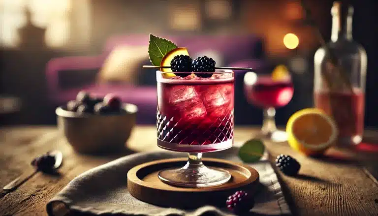 Bramble cocktail with blackberries and lemon.