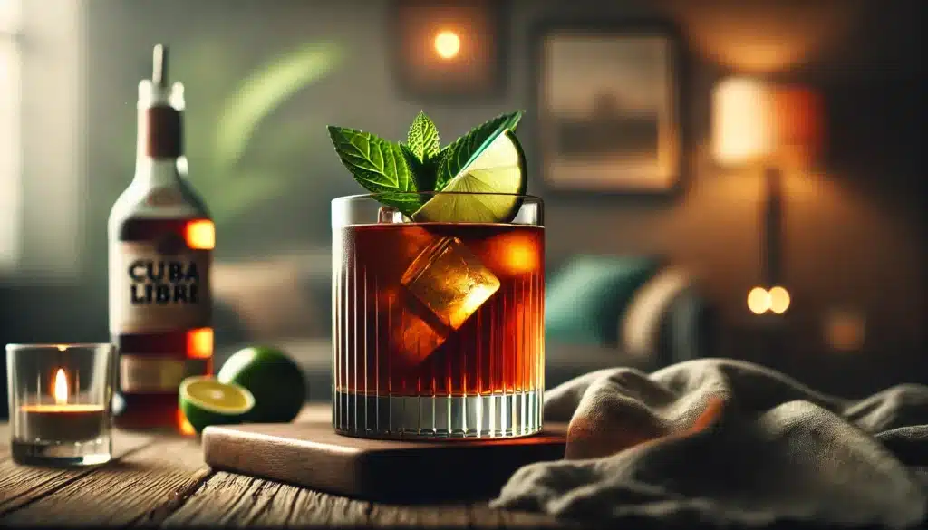 Cuba Libre cocktail with lime and mint.