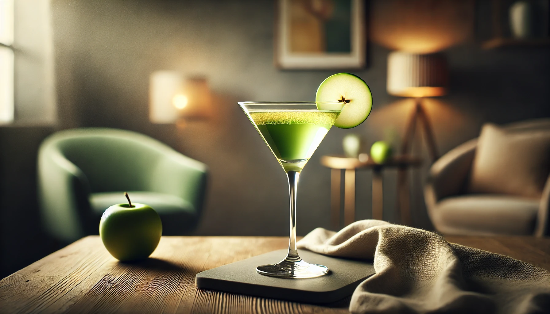 Appletini cocktail with green apple slice.