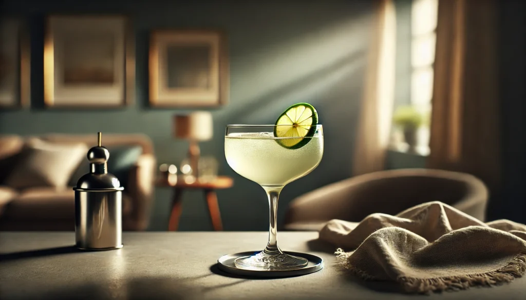 Gimlet cocktail i et coupe-glas med lime.