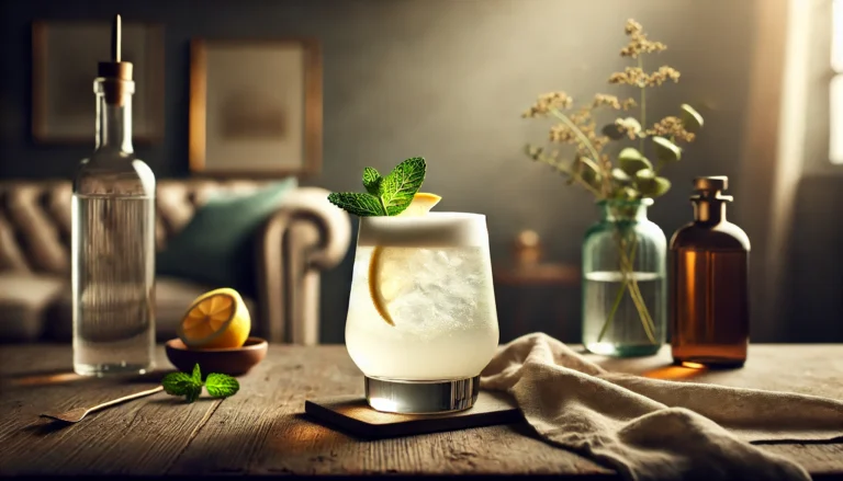 Gin Fizz cocktail in a lowball glass with lemon and mint