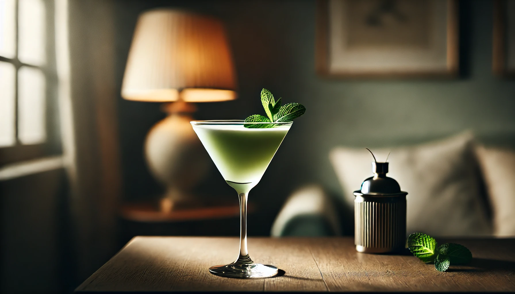 a glass of liquid with a green liquid and mint leaves on top