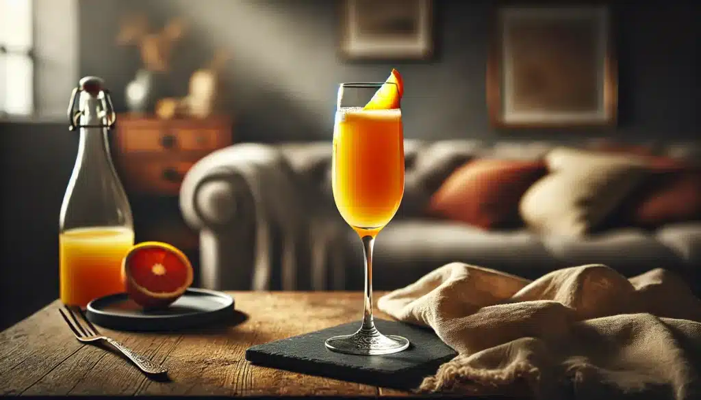 Mimosa cocktail in a flute glass with orange peel.