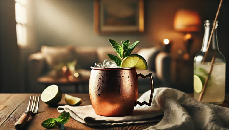 Moscow Mule cocktail in a copper mug with lime and mint.