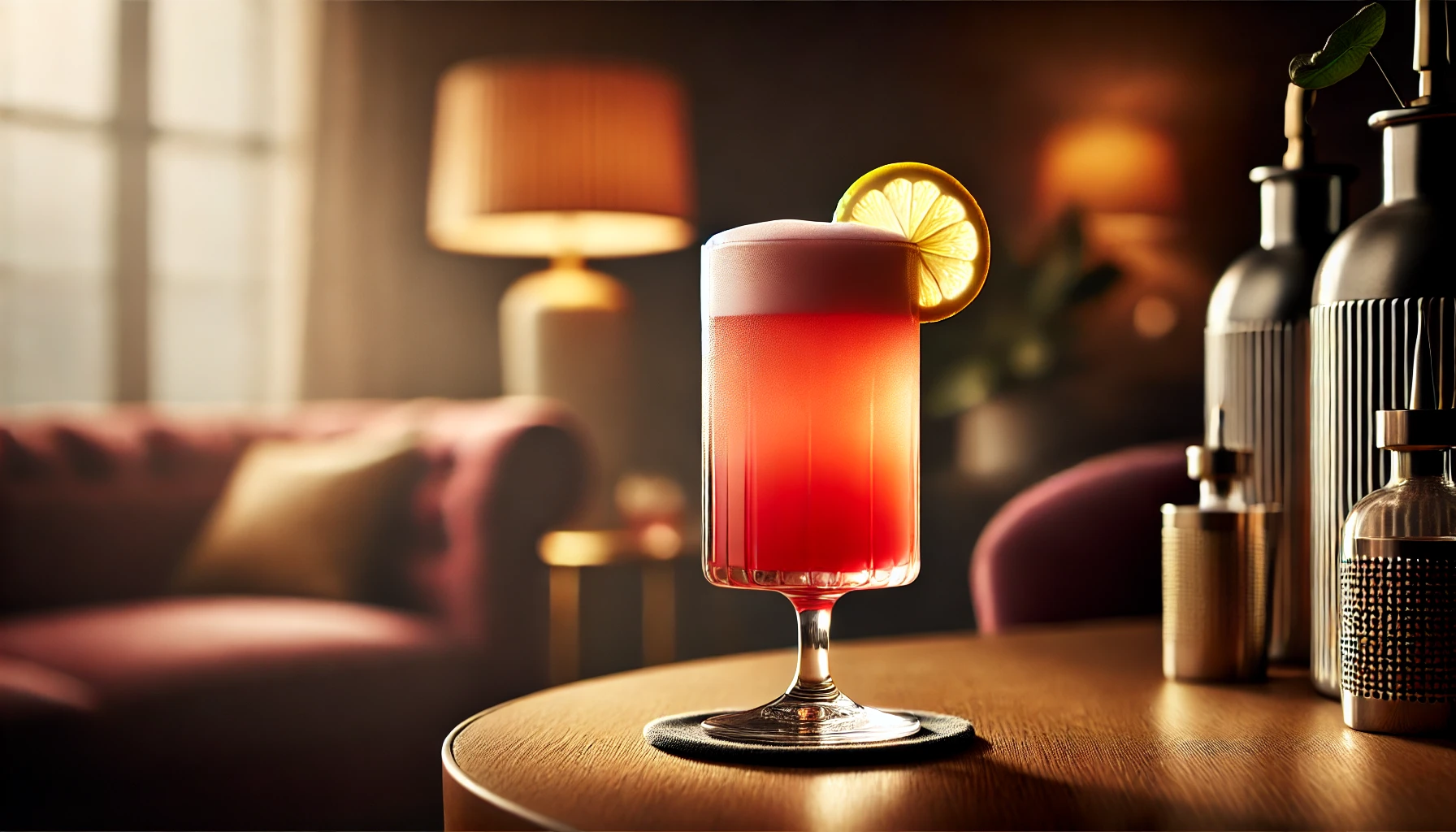 Sloe Fizz cocktail i et highball glass med sitron.