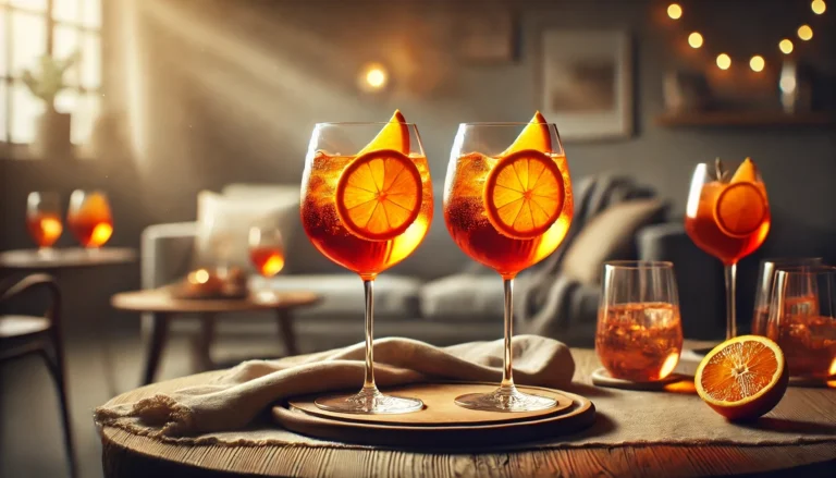 Aperol Spritz cocktail in a wine glass with an orange slice.