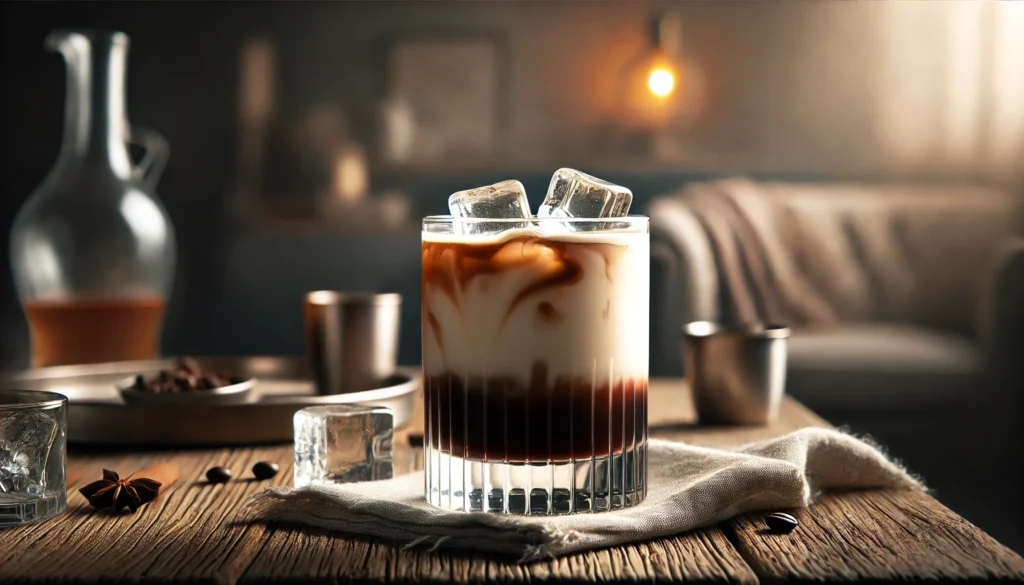 White Russian cocktail in two layers with Kahlua at the bottom and cream at the top.