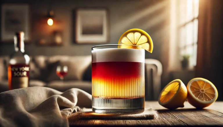 New York Sour cocktail layered with lemon and cherry.