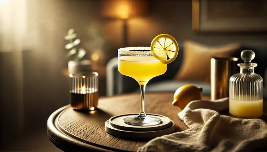 Lemon Drop cocktail med sukkerkant og en skive citron.