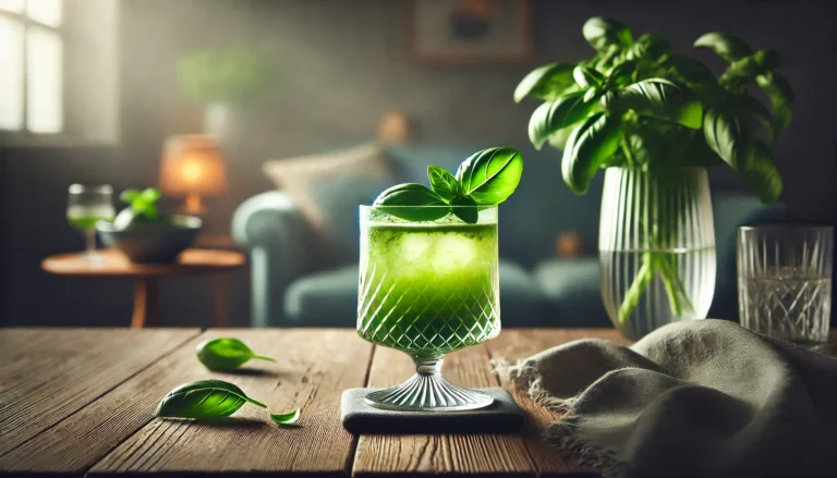 Basil Smash cocktail i ett lågbollsglas.