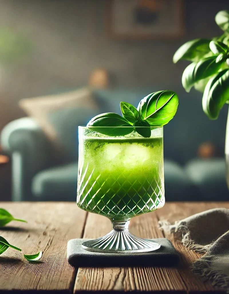 Basil Smash cocktail in a lowball glass.