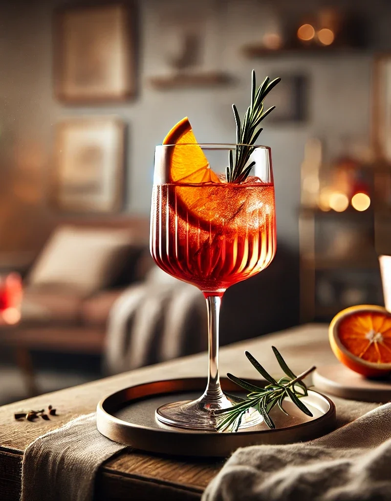 Campari Tonic cocktail in a highball glass with orange and rosemary.