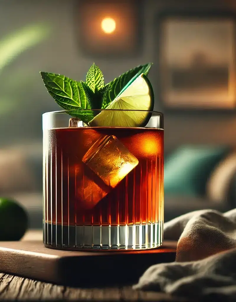 Cuba Libre cocktail med lime og mynte.