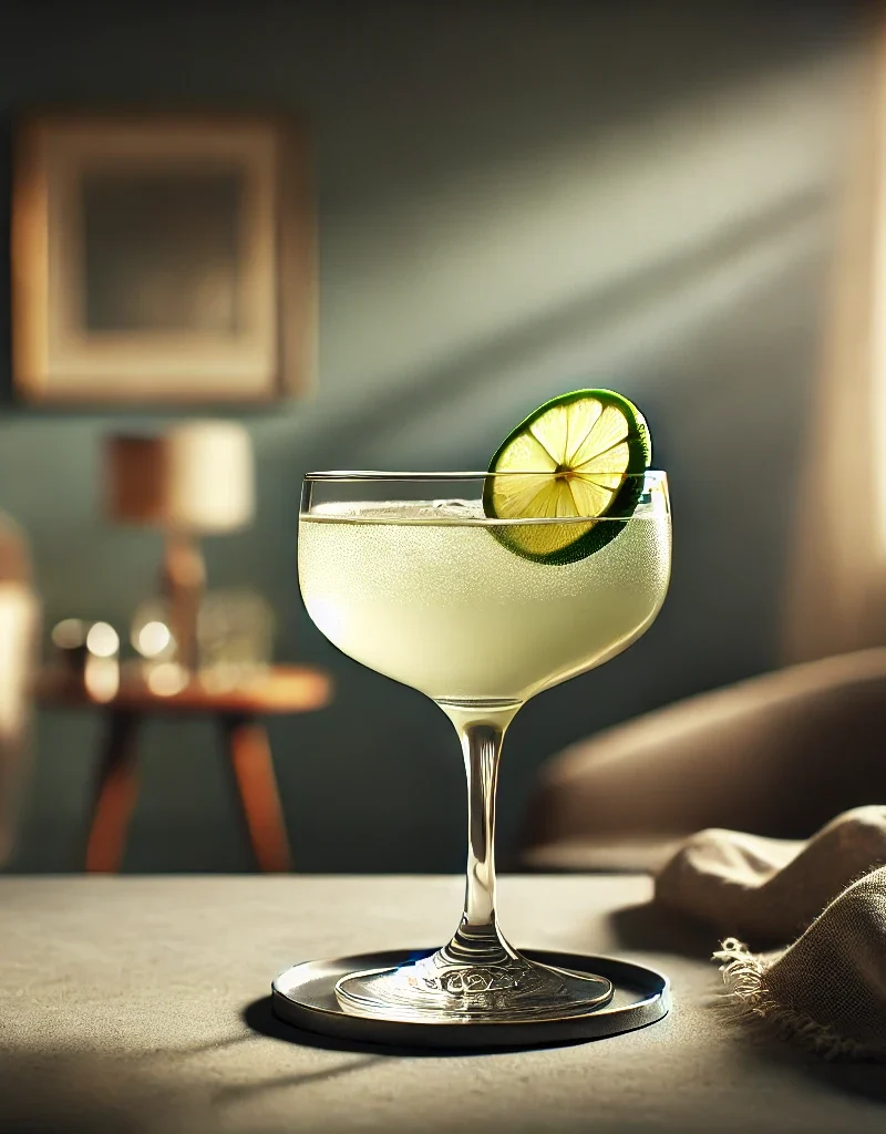 Gimlet cocktail i et coupe-glas med lime.