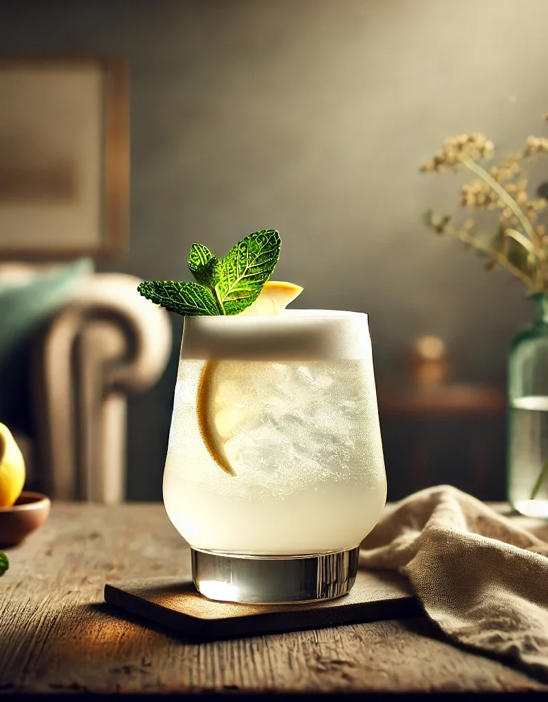 Gin Fizz cocktail i et lowball glass med sitron og mynte