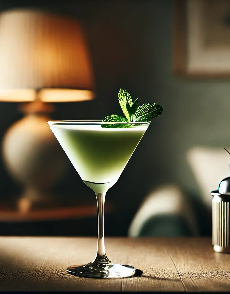 a glass of liquid with a green liquid and mint leaves on top