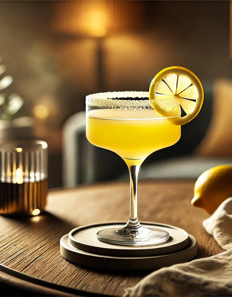 Lemon Drop cocktail med en sukkerkant og en sitronskive.