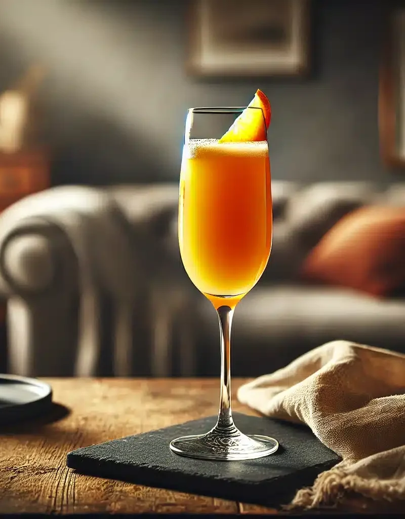 Mimosa cocktail i et flute-glas med appelsinskræl.