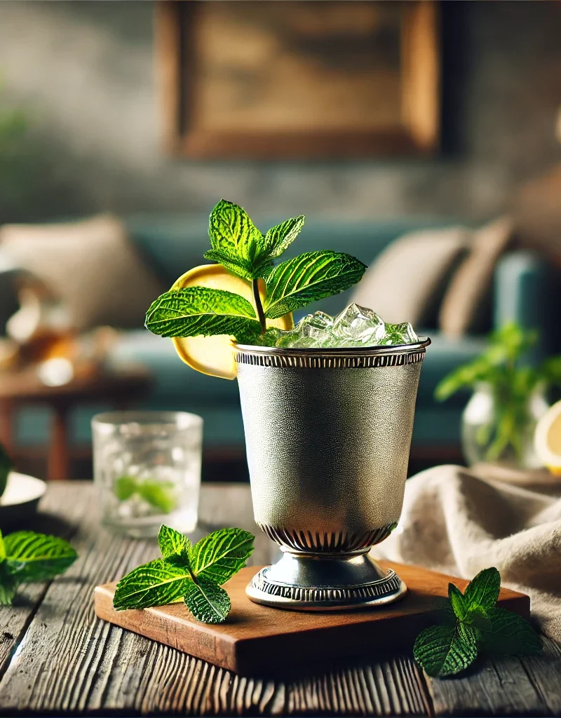 Mint Julep cocktail in traditional silver glass.