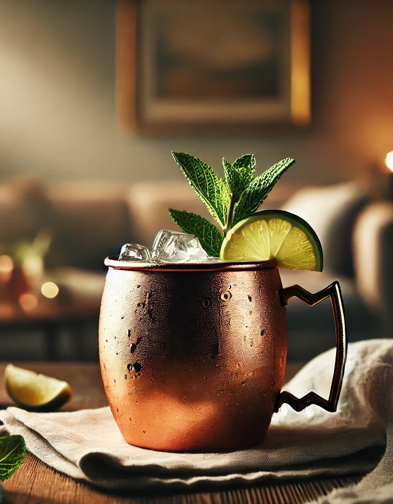 Moscow Mule cocktail i kobberkrus med lime og mynte.