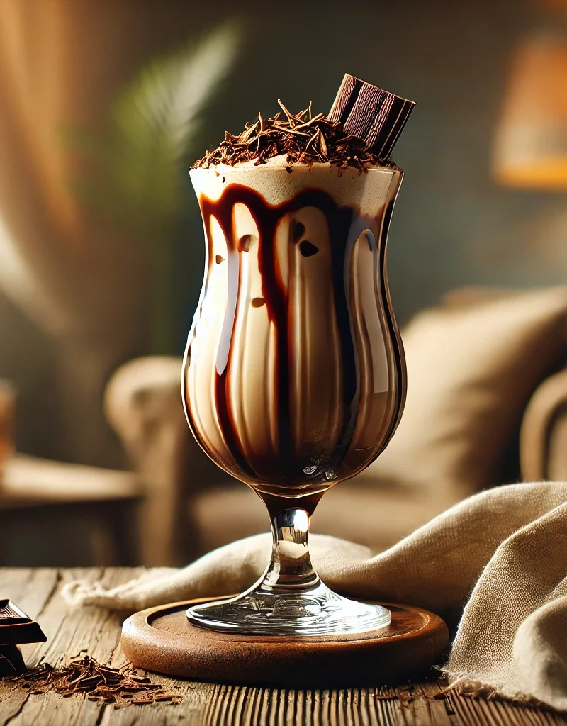 Mudslide cocktail in a tropical glass with chocolate.