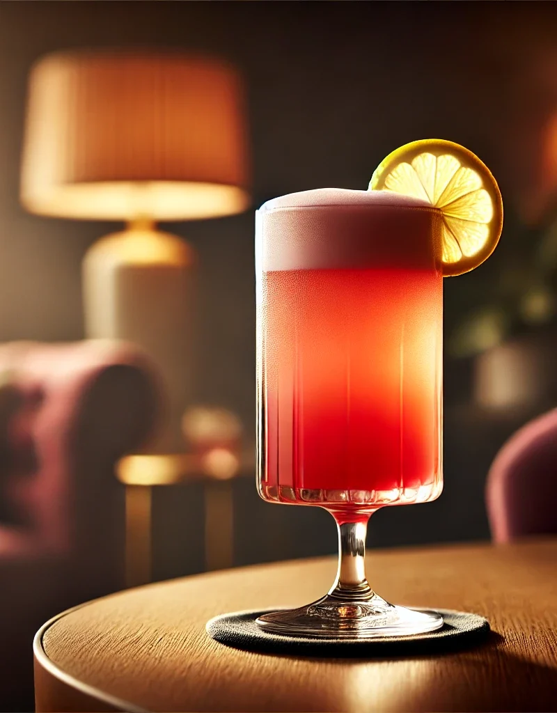 Sloe Fizz cocktail i et highball glass med sitron.