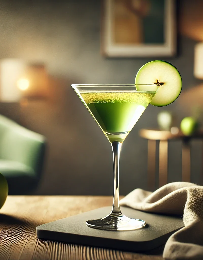 Appletini cocktail with green apple slice.