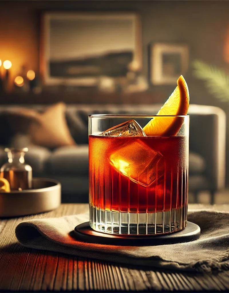 Mezcal Negroni cocktail i et lowball-glas uden flasker.