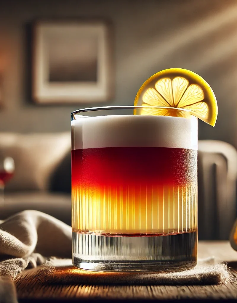 New York Sour cocktail layered with lemon and cherry.