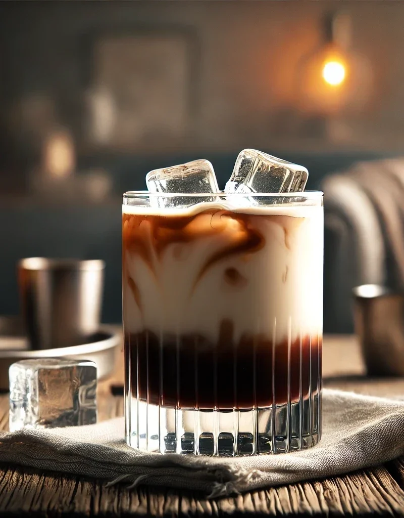 Vit rysk cocktail i två lager med Kahlua i botten och grädde i toppen.